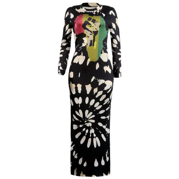 

women club dresses long sleeve split printed dress o-neck lady one piece street female clothing, Black;gray