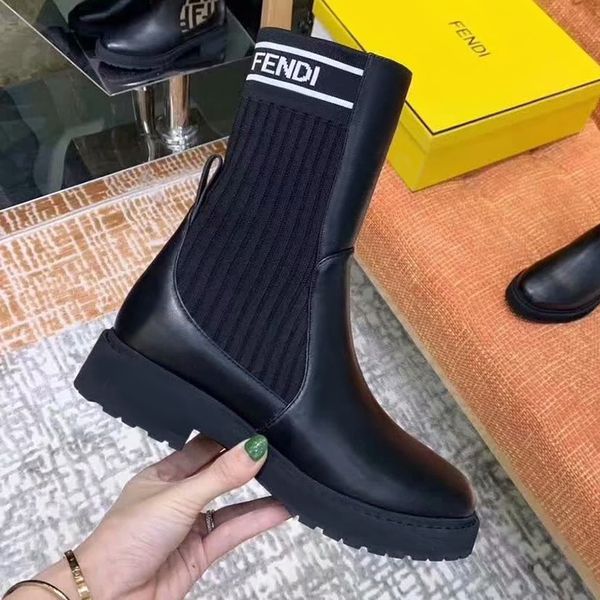 

2020 autumn and winter new women's shoes letters lace-up leather martin boots stretch stitching mid boots boots black luxurious shoes