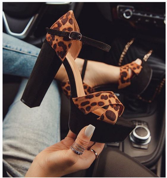 

large size leopard print shoes high heel sandal for women 2020 sandals buckle strap summer heels espadrilles platform sizes, Black