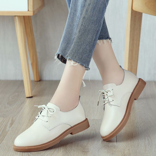 

2020 autumn spring women oxford shoes ballerina flats shoes women genuine leather moccasins lace up loafers white, Black