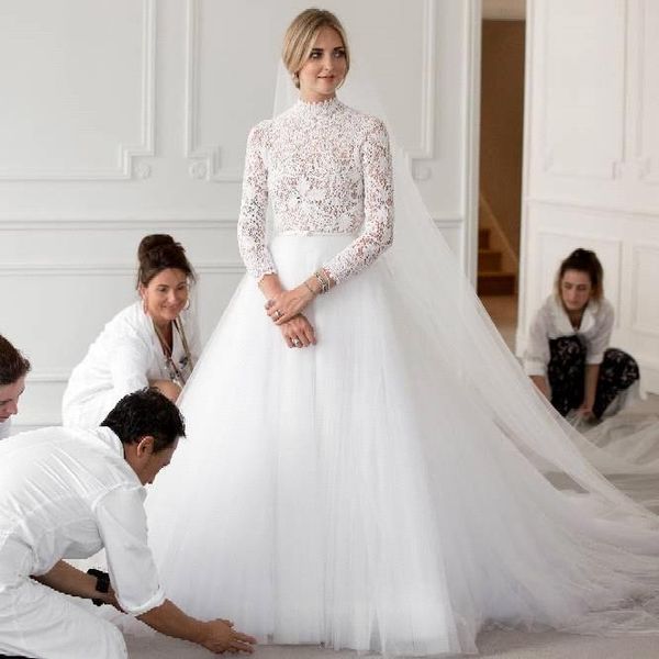 

new vintage garden wedding dresses a line high neck long sleeve lace tulle split floor length bridal gowns custom vestidos de soiree, White