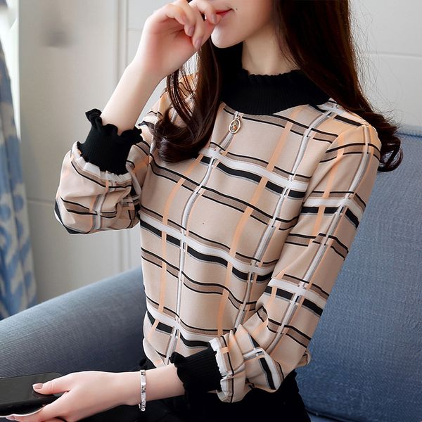 

new 2019 fashion casual striped plaid chiffon women blouse shirt long sleeve chiffon ladies female blusas shirts 0715 40, White
