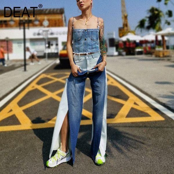 

women's jeans [deat] 2021 spring fast delivery women denim panelled retro flare pants slpit high street wild design fashion cloth ap261, Blue