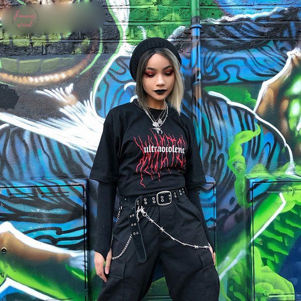 

черный сыпучие grunge печати короткие футболки gothic harajuku моды streetwear лето 2019 прохладный футболка для женщин o шеи t shirt, White