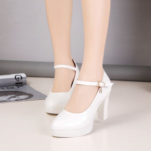 

high heels platform pumps spring new fashion buckle solid black shoes woman pu leather waterproof shoes femme