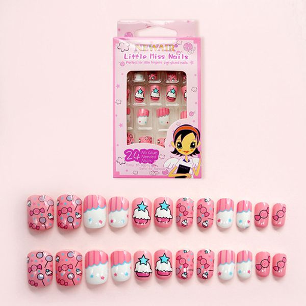 

24pcs sweet children candy fake nail tips cartoon 2 full cover children pink fake nail art for little girls, Red;gold