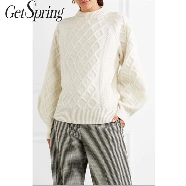 

getspring women sweater puff sleeves twist knitted sweater all match bottoming pullovers loose women autumn winter 2019 new, White;black