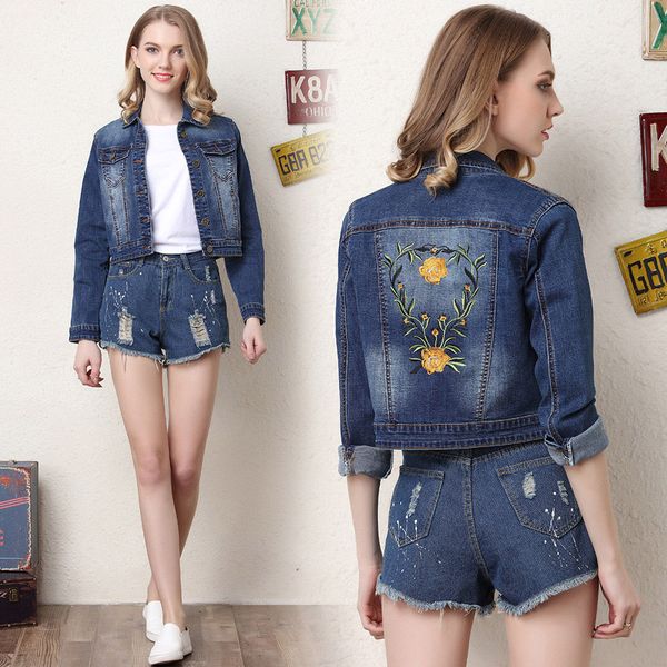 

fashion famous original brand european and american denim jacket long-sleeved trend women's short embroidery women jacket top, Black;brown