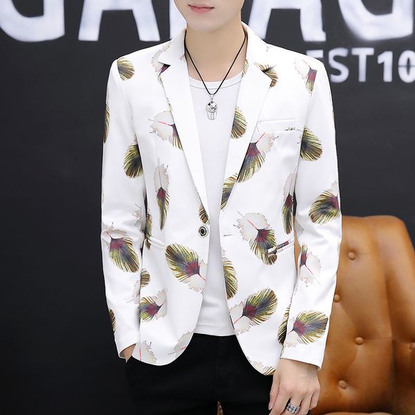 

ho 2019 men fall single suit trend of cultivate one's morality feather printed suit young fashion suits, White;black
