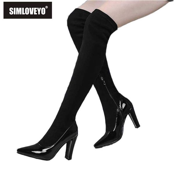 

simloveyo female patchwork stretch boots thin high heels shoes women over the knee thigh high boots slim long botas b892, Black
