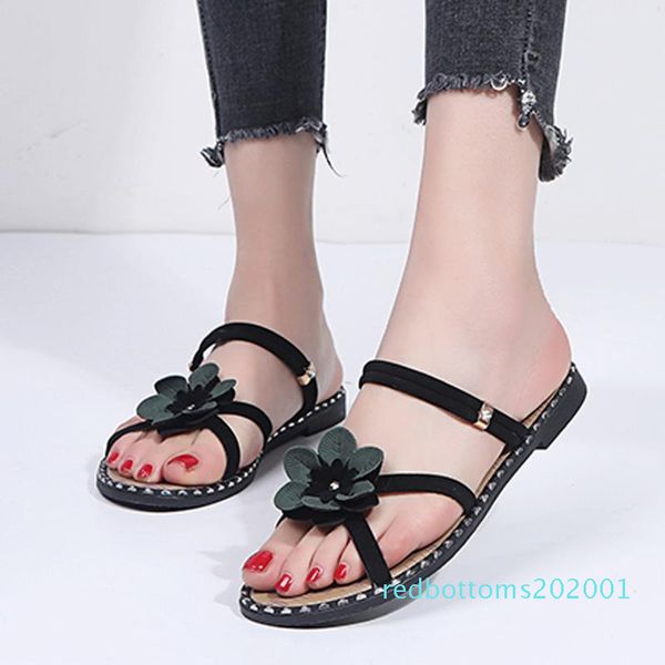 

bohemian women's sandals casual shoes for ladies flower peep toe beach flat sandals sandalias de verano para mujer chaussure r01, Black