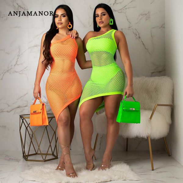 

anjamanor neon fishnet mesh three piece set women bodycon dress summer club outfits 3 piece suits matching sets d29-ab27, White