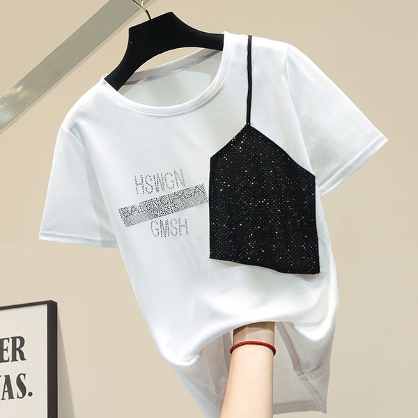 

fashion diamond-letter white cotton t-shirts women tees short sleeve t-shirt 2020 summer new ladies loose casual tshirt tee