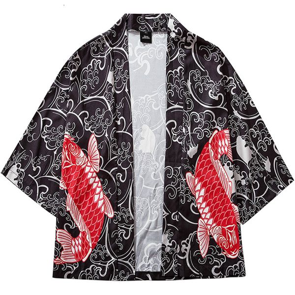 

Januarysnow 2019 Harajuku Kimono Jacket Japanese Red Koi Fish Print Hip Hop Men Streetwear Jacket Coat Short Autumn Thin Gown Japan Style