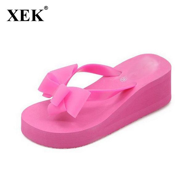 

xek new fashion summer women platform high heel flip flops beach sandals bowknot slippers women shoes size36-40 for choice wfq61, Black