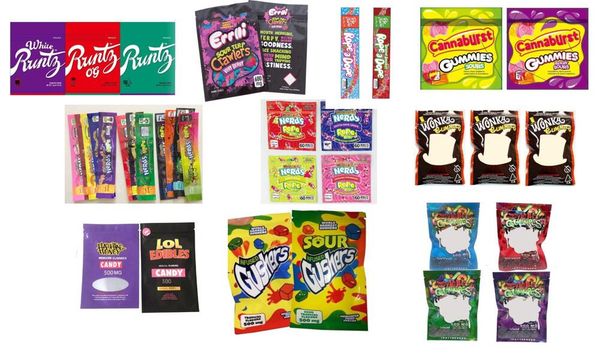 

edible packaging Runtz bags Errlli Wonka Dank Gummies Sour Gushers Packaging Cannaburst gummies Rope a Dope Nerds Rope Bits bags Packaging