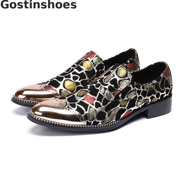 

geometrics printed genuine leather men casual shoes golden metal cap toe slip on men loafers daily wear party wedding shoes, Black