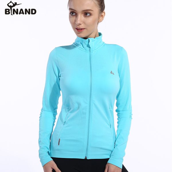 

binand full zipper standing collar side pocket yoga jacket females absorb sweat elastic training workout long sleeve sweatshirt