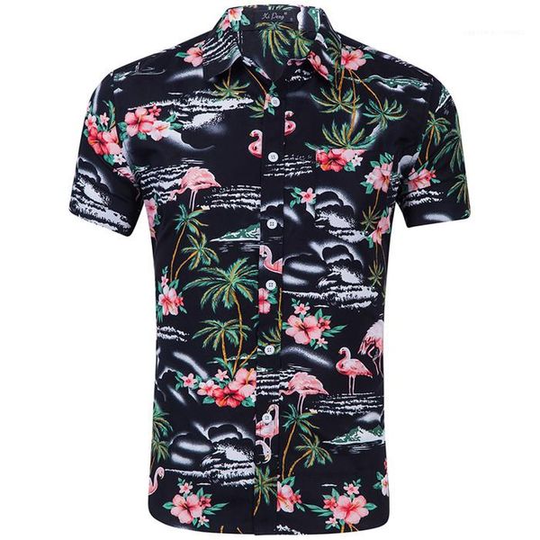 

turn-down polyester mens casual shirts colorful mens clothing fashion flamingo print short sleeve shirts, White;black