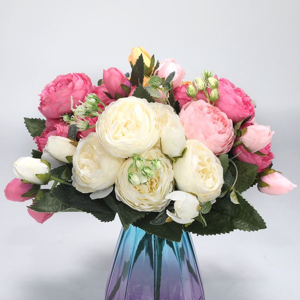 

2pcs/lot artificial rose silk peony flowers for wedding decor fake flowers bouquet 5 flower head and 4 bud artificial