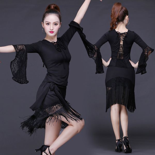 

2018 latin dance skirt women costume samba tango kinds of tassels dresses competition performamnce salsa lady latin, Black;red