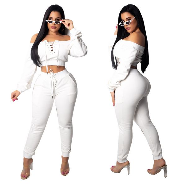 

women bandage lace up off shoulder long sleeve crop pullover pants tracksuits 2 piece set for female women two pieces sets, Gray