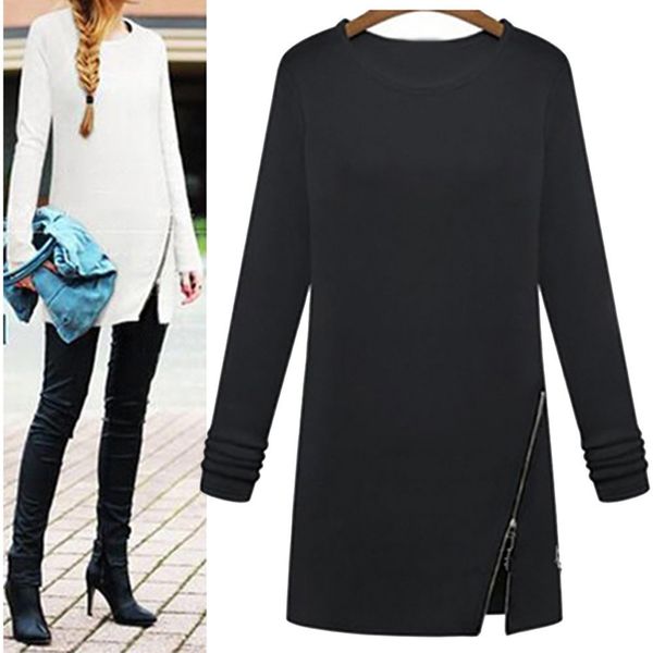 

women blouses women clothes winter clothing long sleeve o neck female side split pullovers polyester zipper long solid female blouse, White