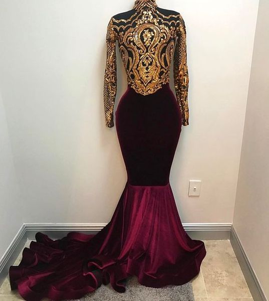 Echte Fotos 2020 Afrikanisches Gold und Burgunder-Meerjungfrau-Abschlussballkleid Stehkragen mit langen Ärmeln Samt-Abendkleid Arabische Partykleider