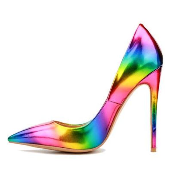 

almudena new spring summer rainbow gradient color pointed toe pumps stiletto heels 12cm multi-color patent leather wedding shoes, Black