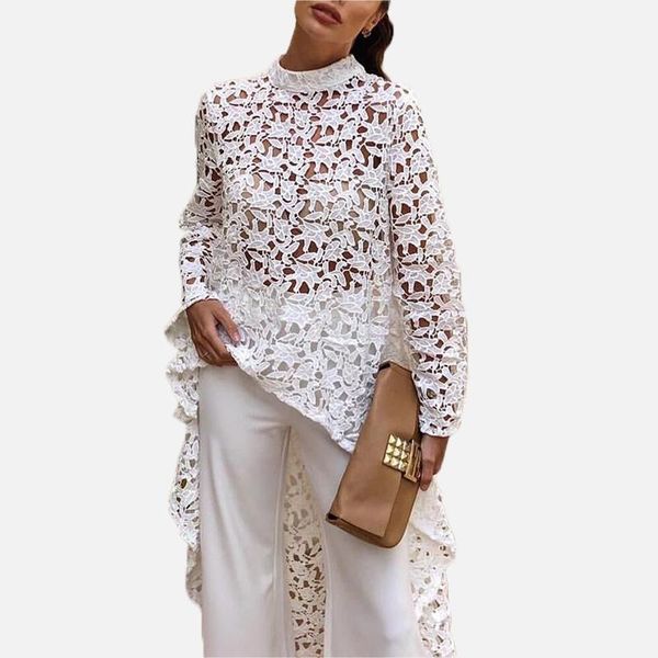 

lace hollow out long sleeve women's shirt solid crochet o-neck feminine blouse 2019 spring summer new party fashion blouses, White