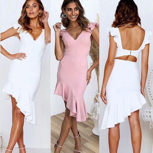 

2019 summer women dress backless v neck ruffles irregular dress female elegant package hips slim casual white ladies, Black;gray