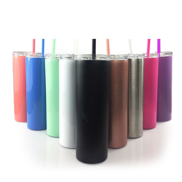 

new 20 oz stainless tumbler with seal lids rainbow straws thermos bottle double insulated skinny cup stainless steel 08