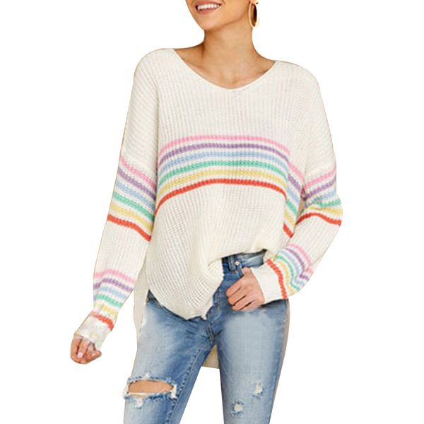 

fashion women blouse rainbow stripe knitting sweater shirt v neck long sleeve loose blusa de frio feminina pullover, White;black