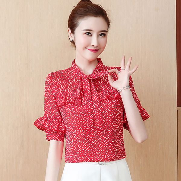 

women spring summer style chiffon blouses shirts lady casual bow tie collar short sleeve blusas df3710, White