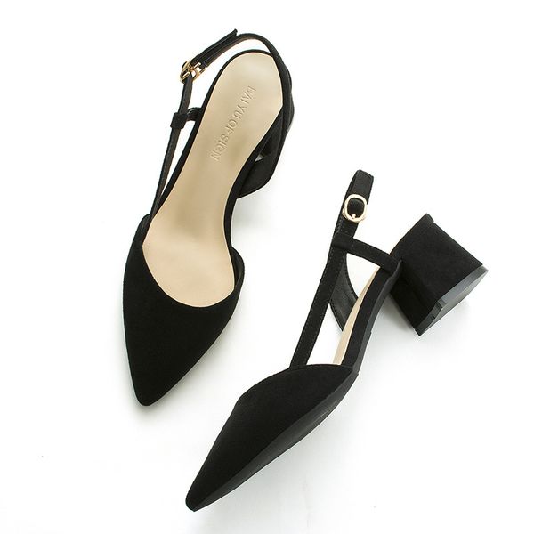 

fu no 2019 spring new korean style button sandals womens thick heel womens small fresh middle heel pointed toe shoes, Black