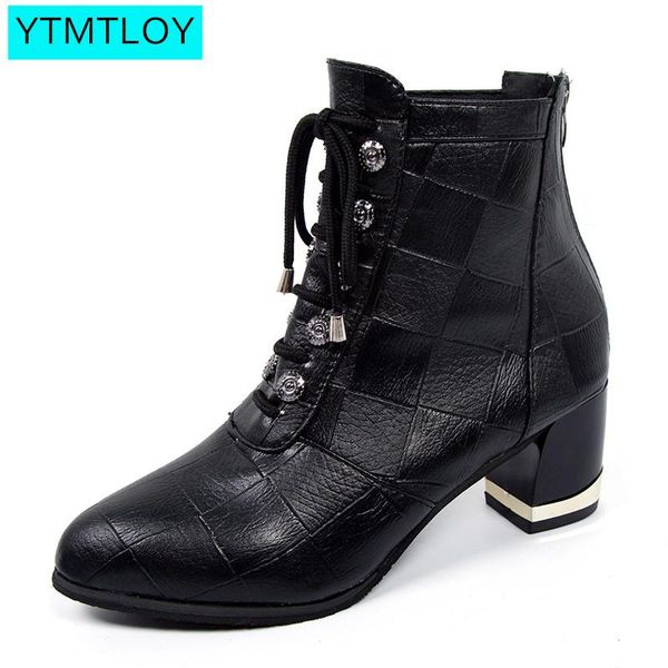 

2020 women fashion shoes vintage boots thick short boots women's leather ankle female winter warm lace-up shoes punk, Black