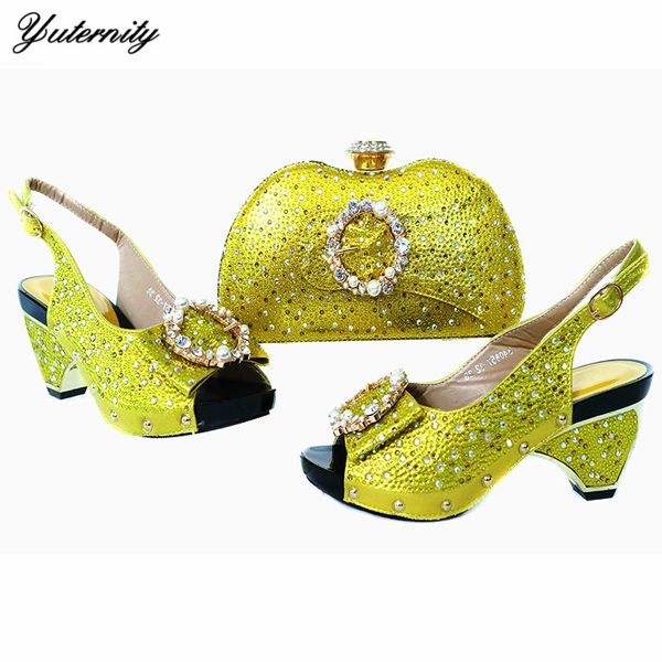

fashion metal decoration pumps shoes and bag set african rhinestone woman's party shoes and bag for new year party, Black