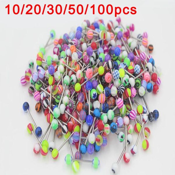 

10/20/30/50/100 pcs double acrylic ball tongue nipple ear rings bars barbell plug tunnel body piercing jewelry random color @m23, Slivery;golden