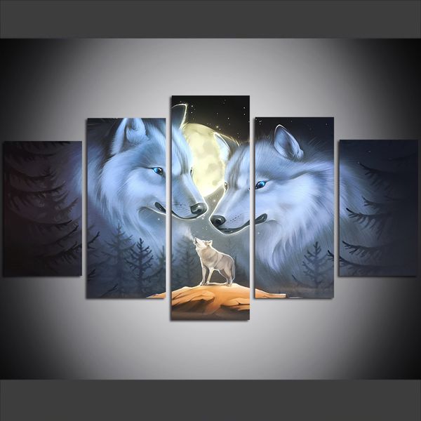 

5 piece large size canvas wall art pictures creative fantasy wolf and moon art print oil painting for living room