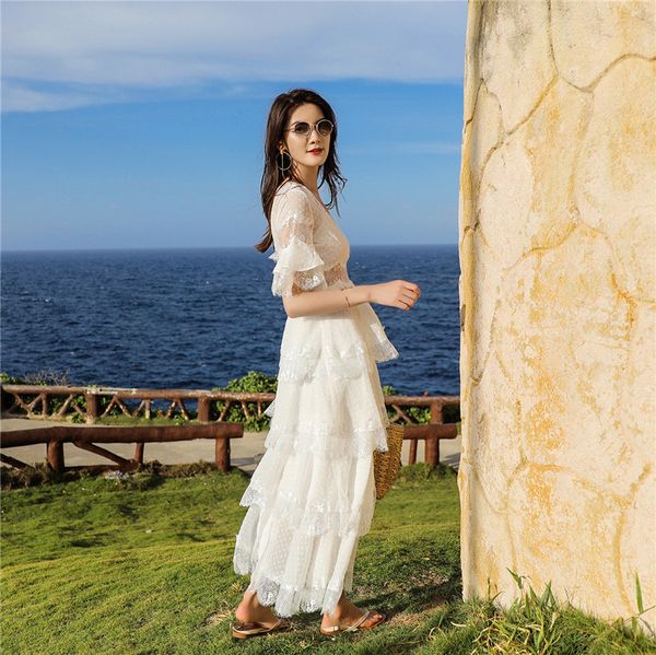 

luxury summer women long party dress short sleeve polka dot white lace maxi tunic beach layered dress holiday lady dresses