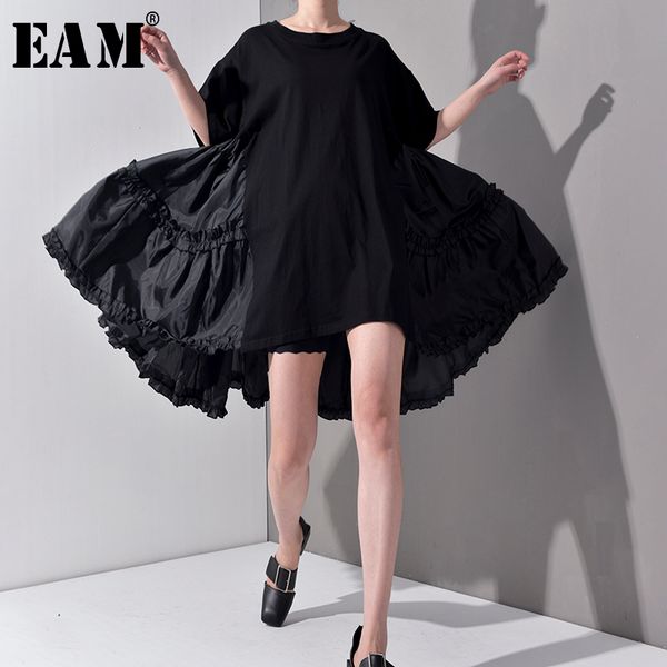 

eam] 2020 new spring summer round neck half sleeve pleated split joint loose oversize big size dress women fashion tide js7910, Black;gray