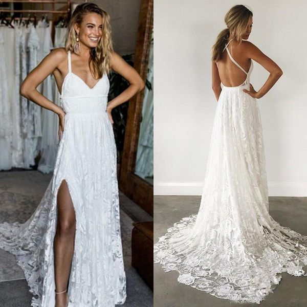 

Latest V-neck Lace Beach Wedding Dresses Backless Sweep Train Tulle Lace Plus Size Summer Bridal Gowns Wedding Gowns