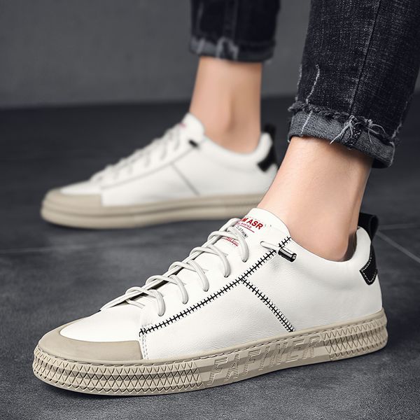 

men white shoes casual imitation genuine leather flat shoes outdoor fashion low male sneakers tenis masculino adulto, Black