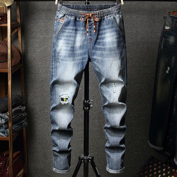 

reppunk 2019 men's jeans streetwear hiphop style ripped patchwork male quality cotton elastic skinny patch trend stretch jeans, Blue