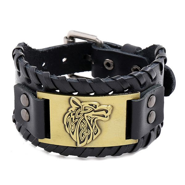 

vintage viking wolf wide wristbands punk men black bracelet cuff genuine leather animal charm biker bangle fashion retro jewelry, Golden;silver