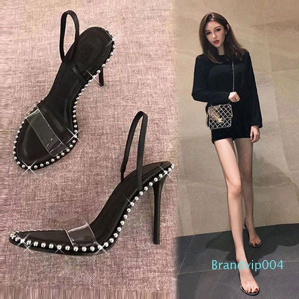 

gorgeous2019 high-heeled rivet shoes fine with black fasciola toe one word bring buckle sandals woman summer