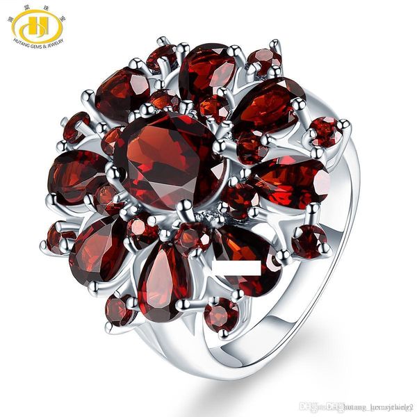 

wholesale fine jewelry ring 100% guaranteed real 925 sterling silver 7.54 ct natural gemstone black garnet flower women wedding party gifts, Slivery;golden