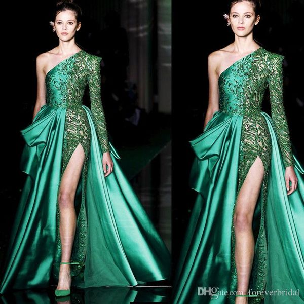 

zuhair murad зеленый вечер вечерние платья 2019 одно плечо sexy high split пром платья шнурка аппликация атласное партии запуск моды gowns, Black;red