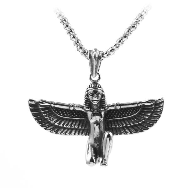 

kneeling isis figure with wings mens womens necklace pendant vintage punk men women jewelry kolye erkek 60cm chain, Silver