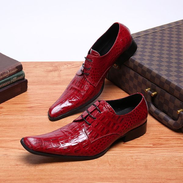 

new arrival crocodile skin shoes mens patent leather red wedding shoes low heels lace up oxfords formal men plus size, Black